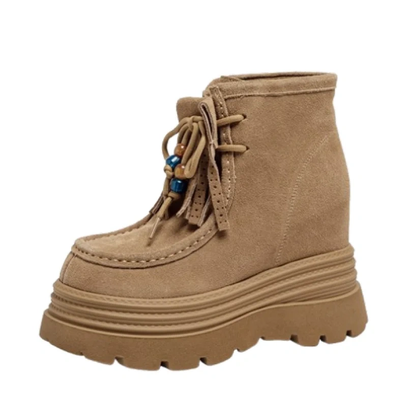 British Style Tassel Lace-Up Genuine Leather 12 CM Thick Sole Casual Beaded Cow Suede Versatile Autumn Women Ankle Boots 51014