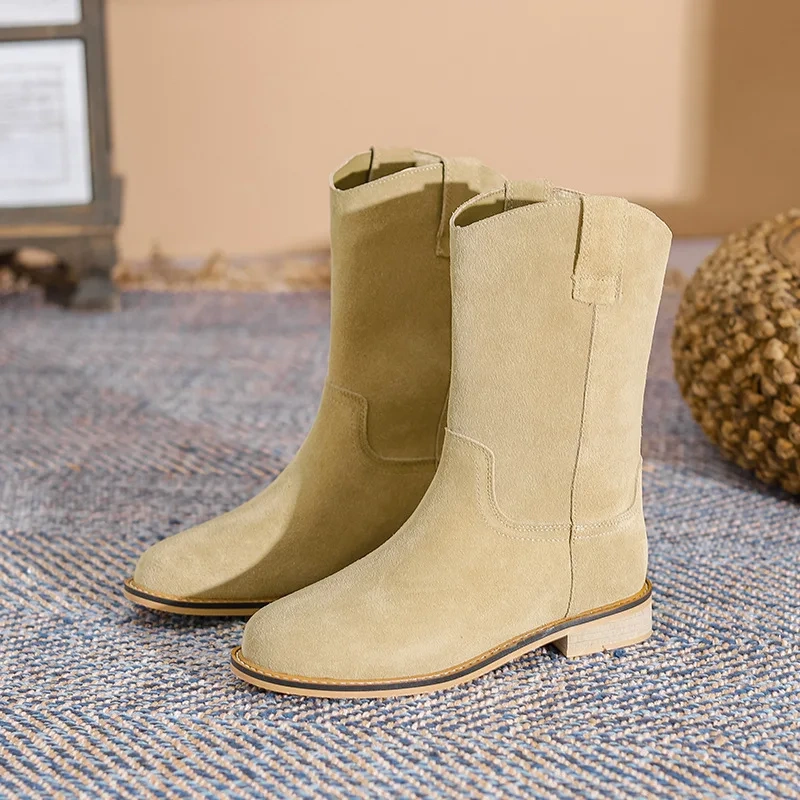 Spring Autumn New European America Style Retro Thick Heels Round Toe Sewing Genuine Leather Women Mid-Calf Half Western Boots