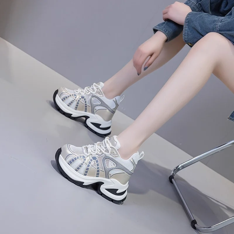 Women's Summer 12 CM Height Increase Genuine Leather & Mesh Breathable Sneakers Hollow Out Lace-Up Color Blocking Shoes 50523