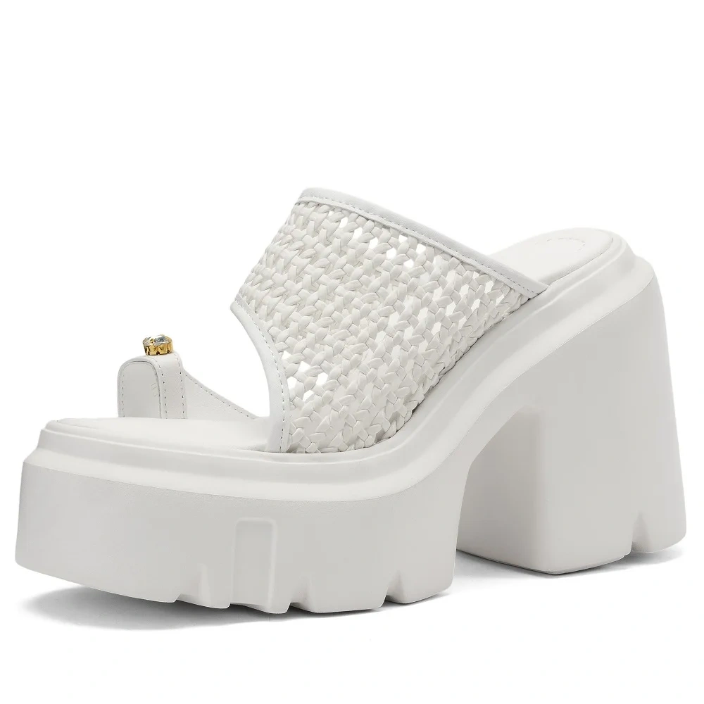 Women's Summer New Breathable Knit Open-Toe Sandals 12 CM High Heel Chunky Block Heel Platform Genuine Leather Shoes 50520