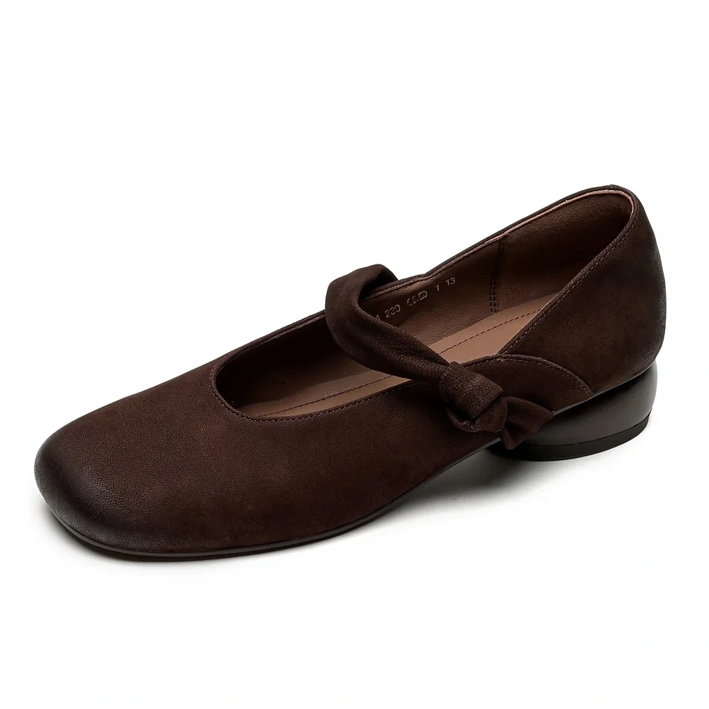 Women's New Autumn & Summer Genuine Leather Retro Round Toe Shallow Mouth Slip-On Single Strap 3CM Block Heel Casual Shoes 50728