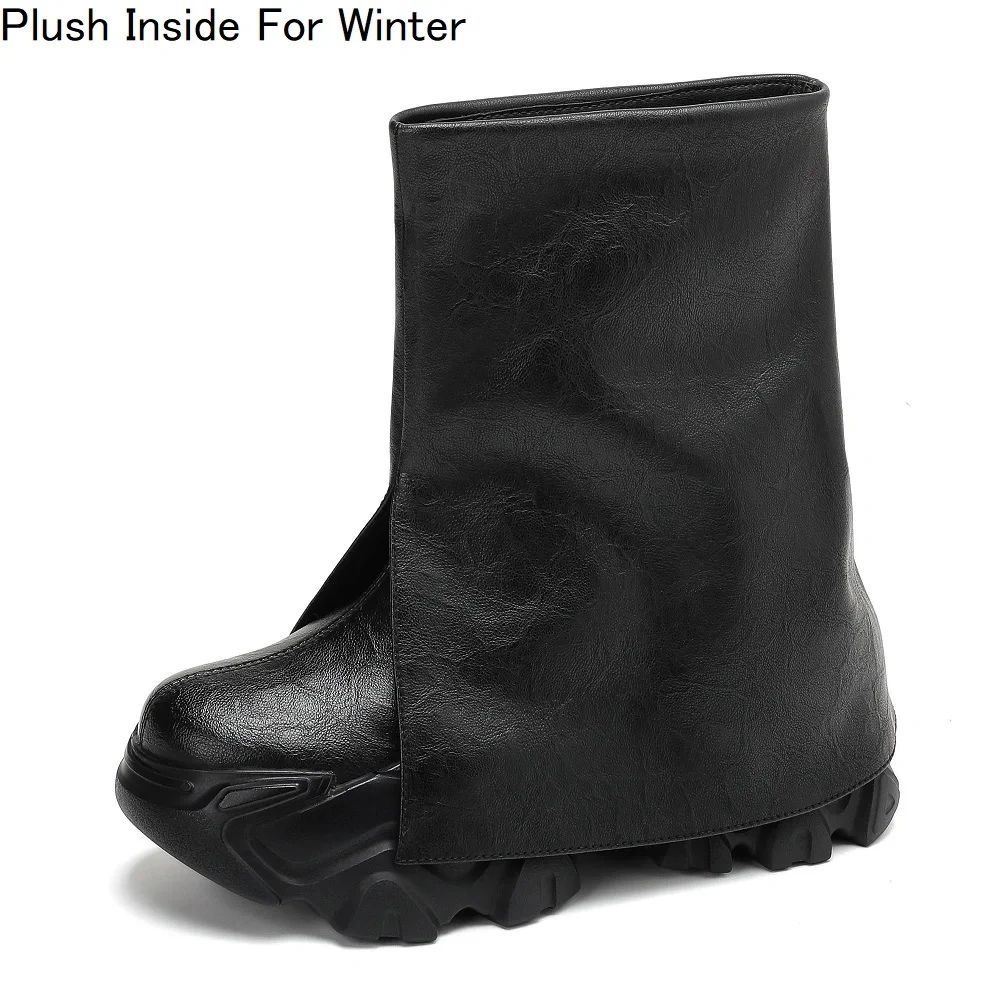 10CM Genuine Leather Black Invisible Height Increasing Women's Autumn Winter Concise Platform Casual Versatile Ankle Boots 50923
