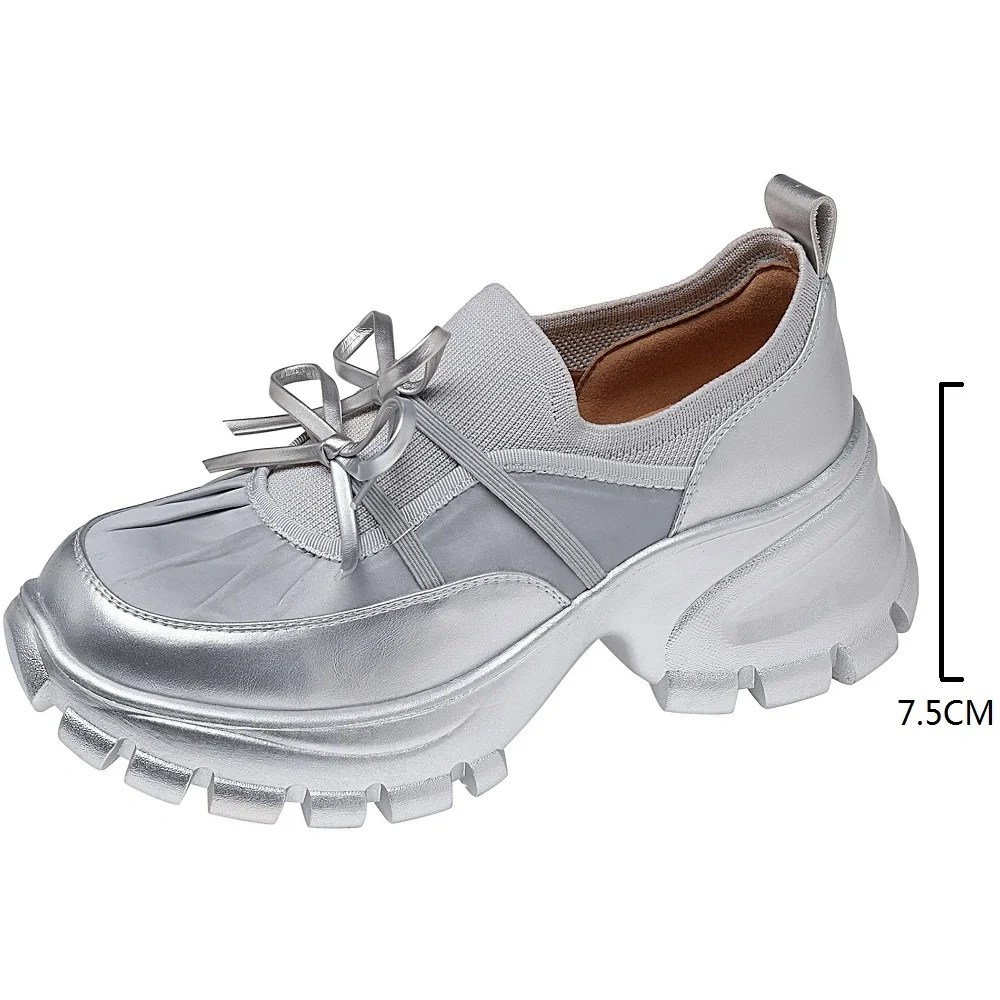 Women's New Autumn Genuine Leather Solid Color Concise Slim 7.5CM Chunky Platform Ruched Lace-Up Bowknot Casual Shoes 50727