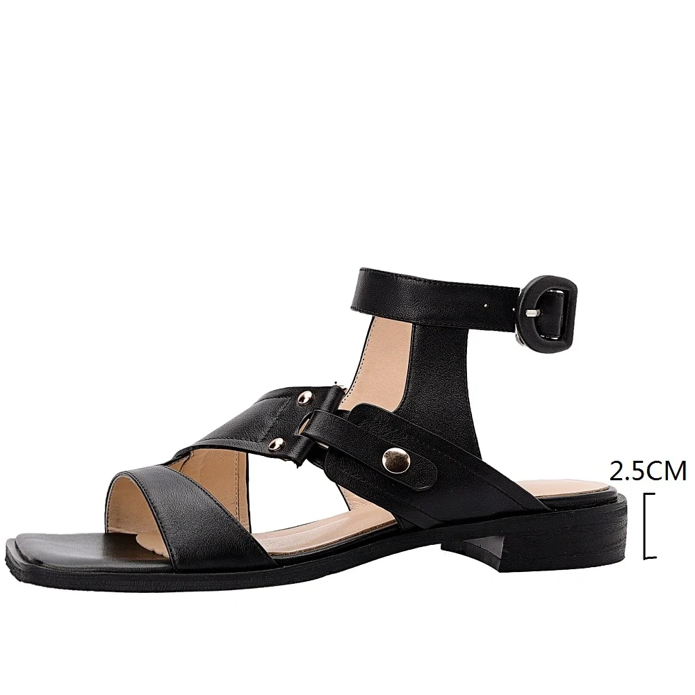 Women's Summer New 2.5 CM Square Heel Genuine Leather Rivets Square Toe Open-Toe Backless Buckle Strap Gladiator Sandals 50613