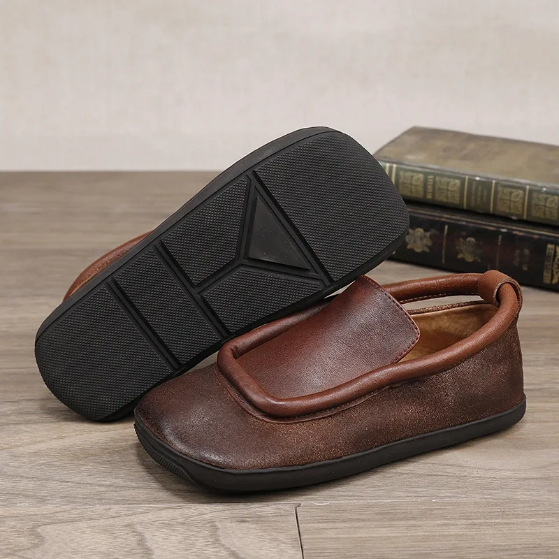 Women Casual Flats Spring Autumn New Retro Shallow Square Toe Sewing Soft Sole Genuine Leather Ladies Single Shoes 2302
