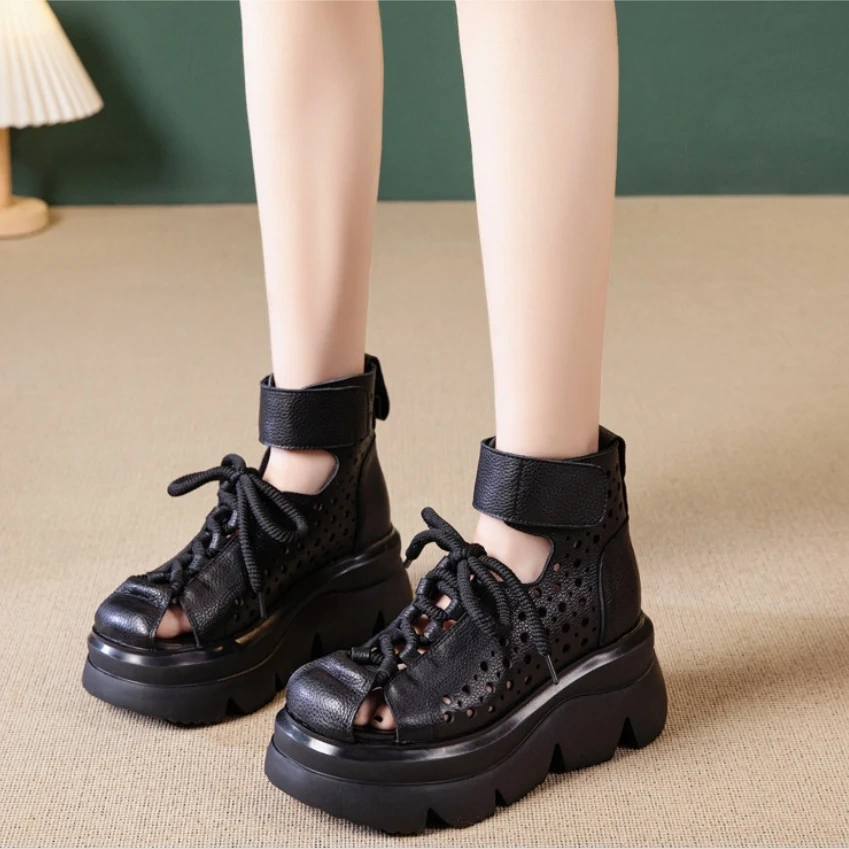 Women's Summer New Slim 8 CM Wedge Heel Genuine Leather Peep Toe Platform Lace Up Hook & Loop Gladiator Casual Sandals 50607