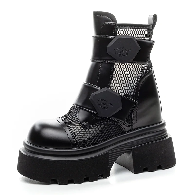 Women's Summer Fashion 12 CM Hidden Wedge Round Toe Leather & Mesh Shoes Hollow-Out Breathable Ankle Boots 50523