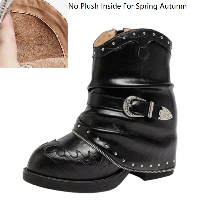 Punk 11CM Inner Height Increasing Real Leather Rivets Belt Buckle Pointed Toe Street Style Autumn Winter Women's Boots 51014