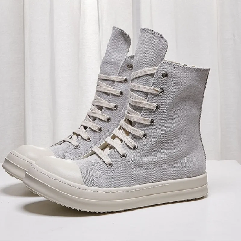 Spring Autumn New Leisure Chunky Bottom Platform Sewing Canvas Men Mid-Calf High Toe Outdoor Boots Male Casual Sneakers 2311