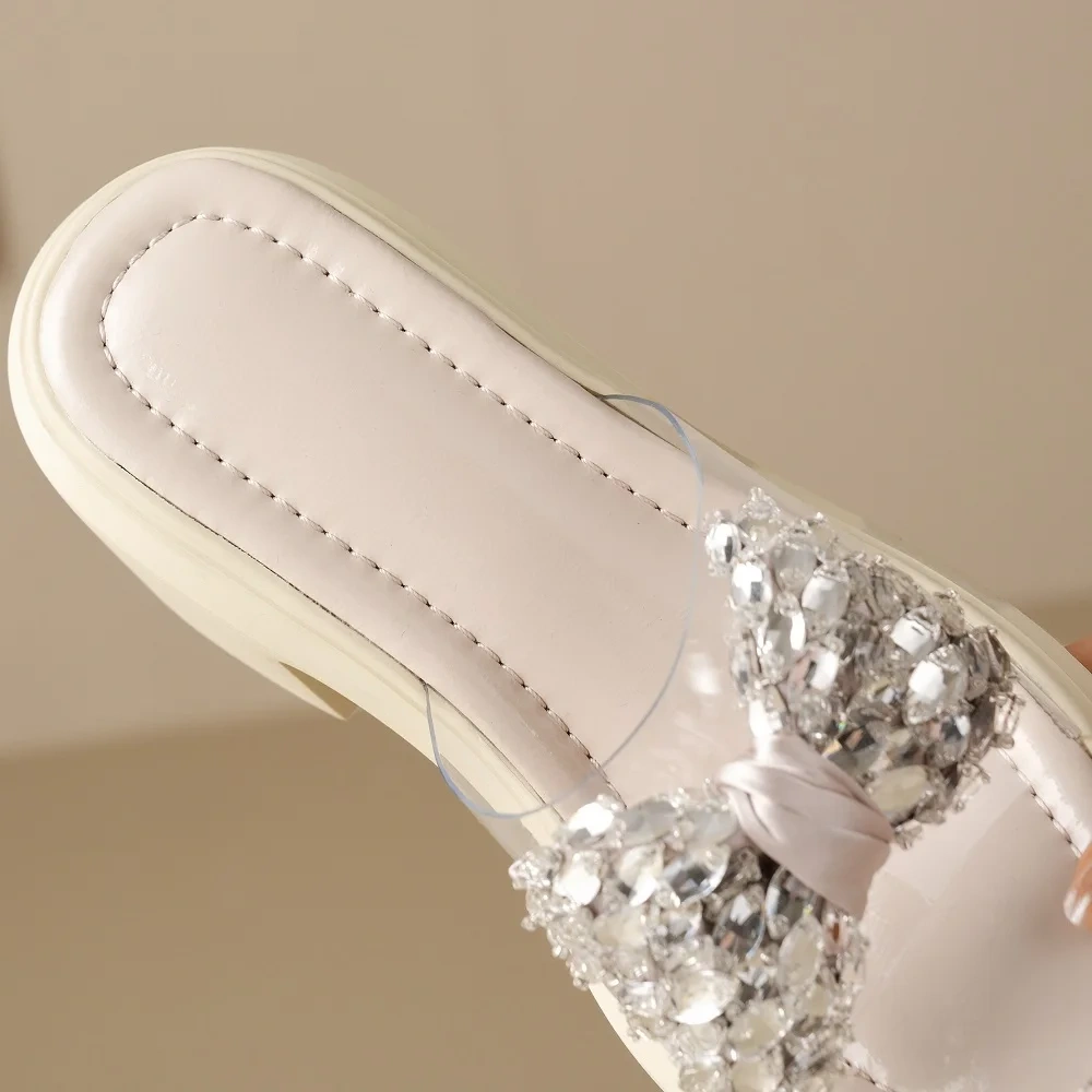 Women's Summer Fashion 10 CM Thick Sole Transparent Sandals - Chunky Heel Bow Knot Glitter Round Toe Slippers 50521