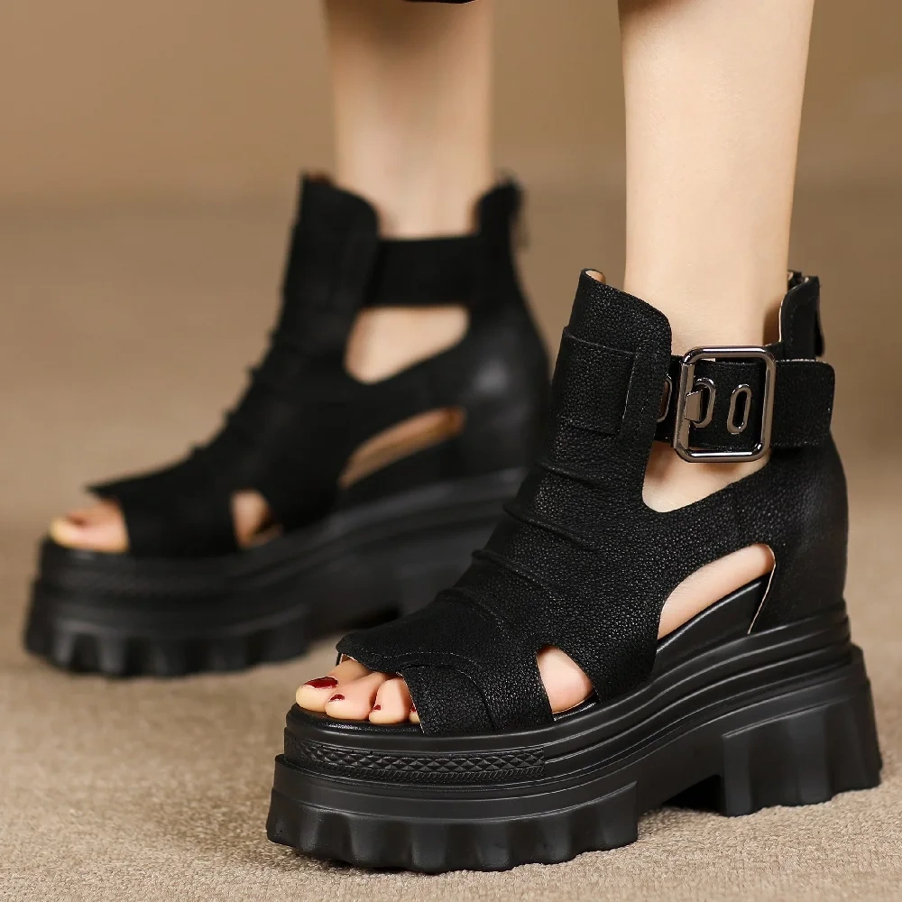 Summer New Slim Height Increasing Platform Peep Toe Metal Buckle Pleated Cut Out Genuine Leather Women Ankle Short Rome Boots