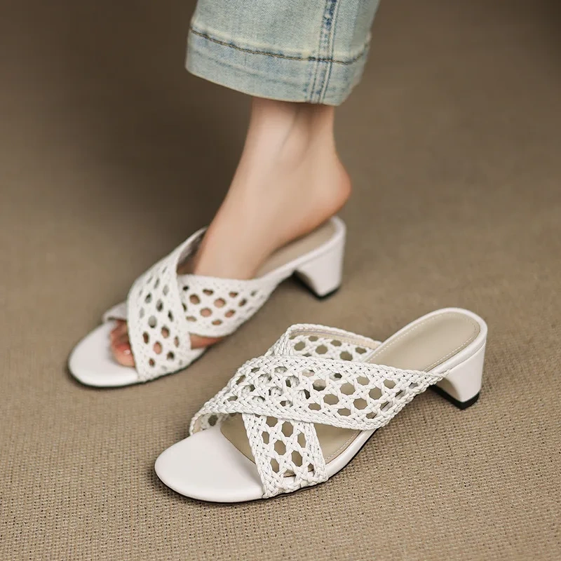 Women's Summer New Slim 4 CM Chunky Heel Woven Cross Strap Cut Out Open Toe Gladiator Fashion Slippers 50529