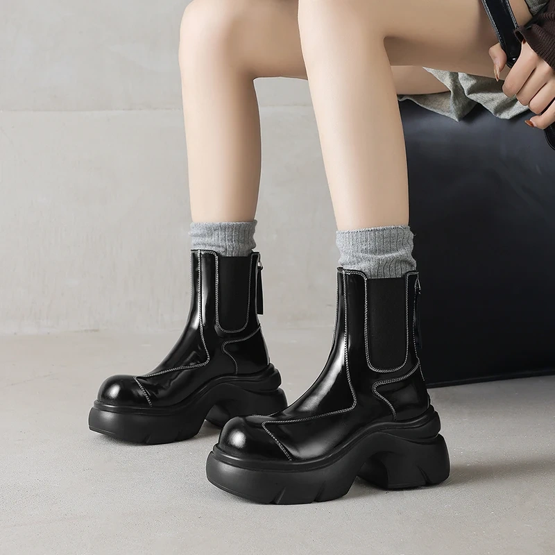 7CM Square Heel Genuine Leather Round Toe Platform Back Zipper Retro Concise 2025 Autumn Winter New Women's Ankle Boots 51030