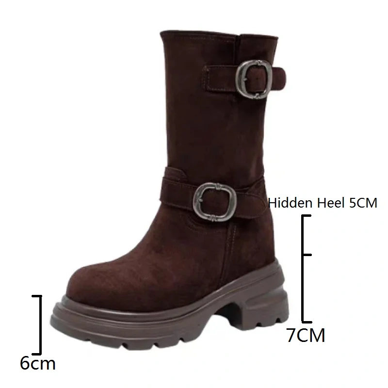 Women's Autumn Suede Genuine Leather Metal Buckle Slip On Solid Color Retro Round Toe 12CM Heel Casual Mid Calf Boots 50807