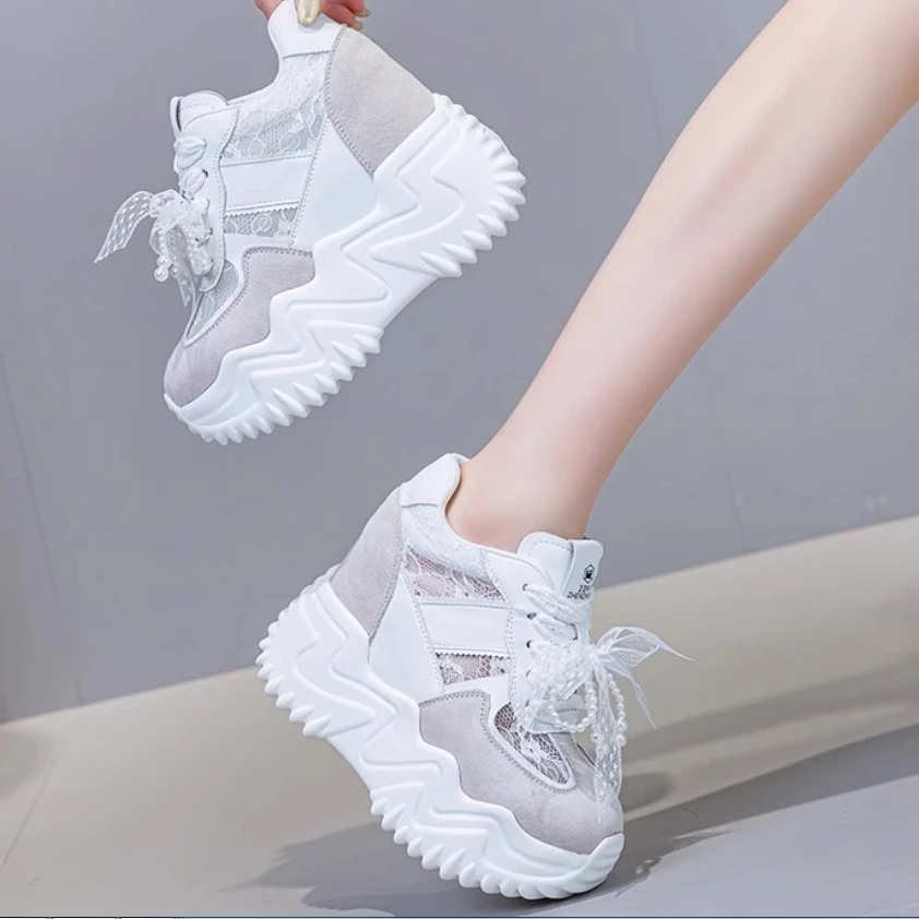 Women's Summer 12 CM Platform Wedge Genuine Leather & Mesh Sneakers Pearl Lace-Up Ribbon Ankle Strap Shoes 50523
