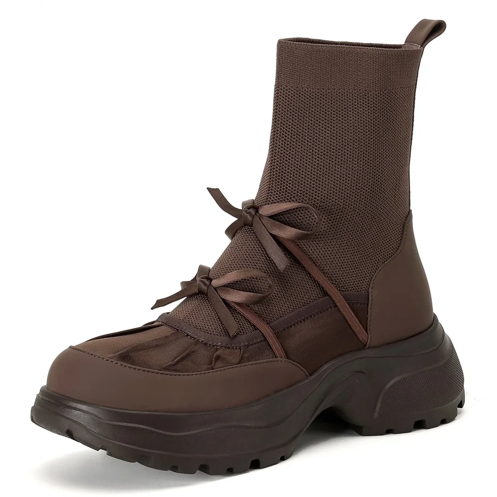 Genuine Leather Fleece Lined Bow Decor 5CM Thick Sole Slim Fit Retro Fashion Autumn Winter New Women's Casual Ankle Boots 51029