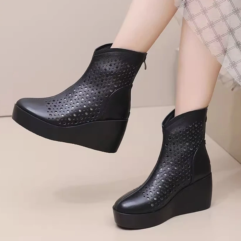 Women's Spring Summer Slim 7 CM Height Increasing Genuine Leather Cut Out Wedge Platform Breathable Zipper Ankle Boots 50604