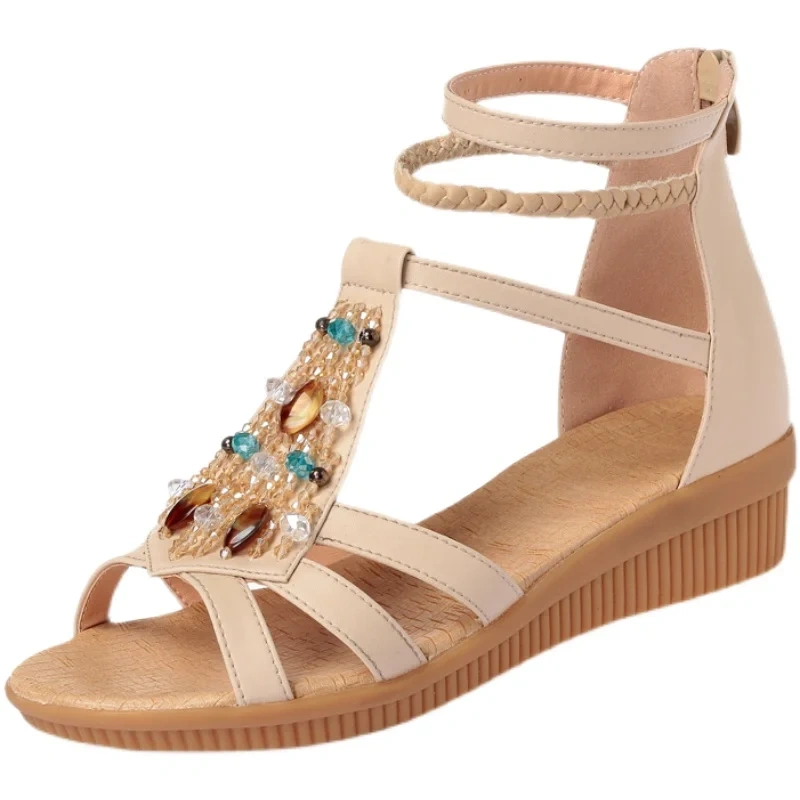 Women's Summer Bohemian Genuine Leather Peep Toe Wedge Sandals 3.5 CM Beaded Rhinestone Cross Strap Zipper Casual Shoes 50709