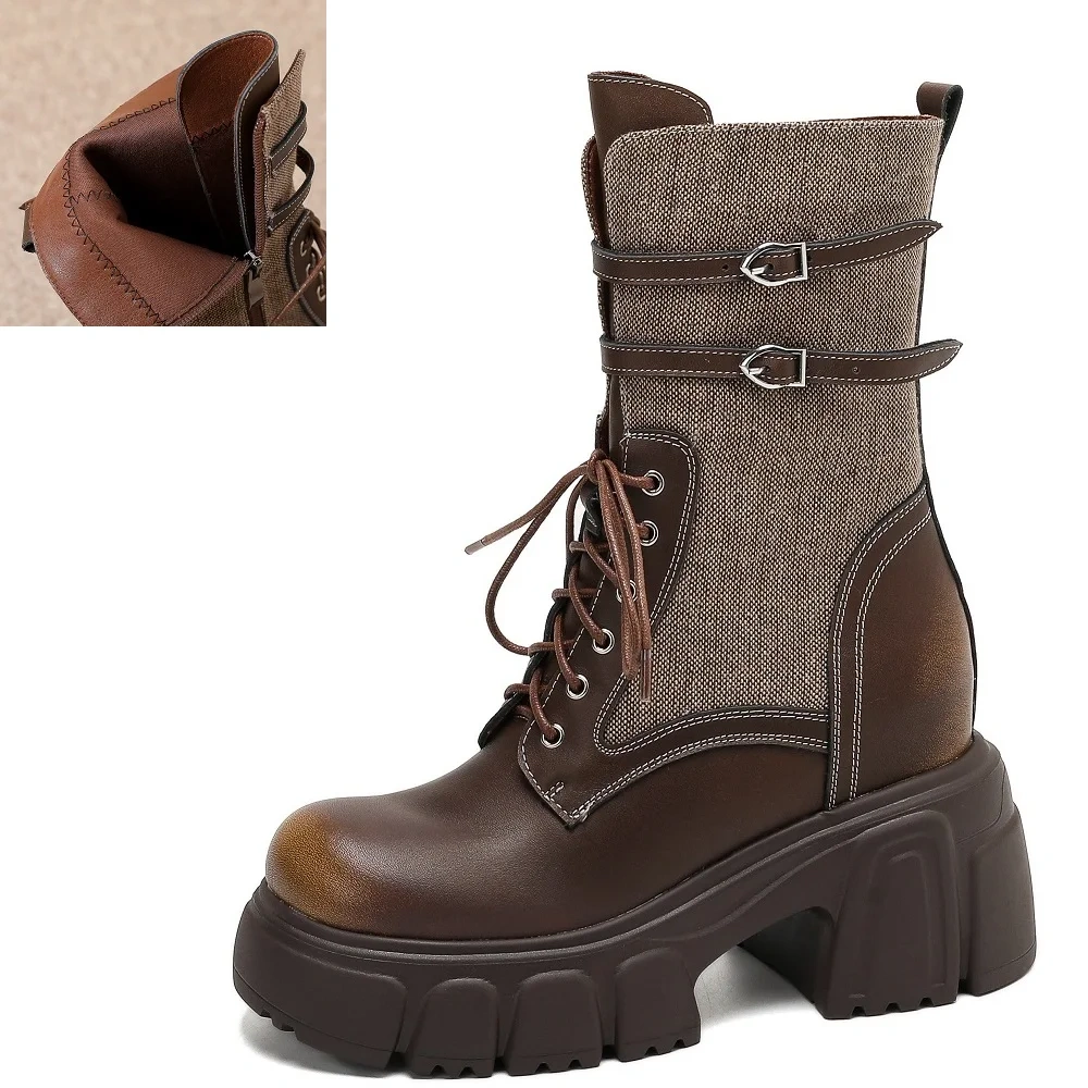 Women's Side Zipper Buckle 10 CM Block Heel Fleece-Lined Autumn Winter Slim-Fit Genuine Leather American Style Ankle Boots 51020