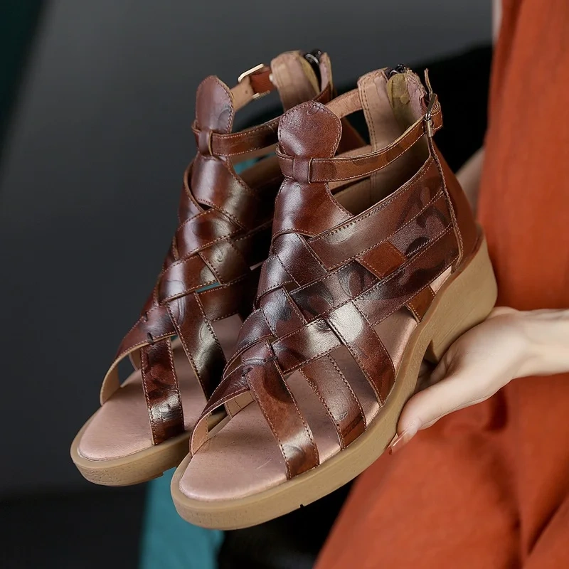 Summer New British Style Retro Thick Heels Peep Toe Narrow Band Cut Out Genuine Leather Women Ankle Short Gladiator Boots 2404
