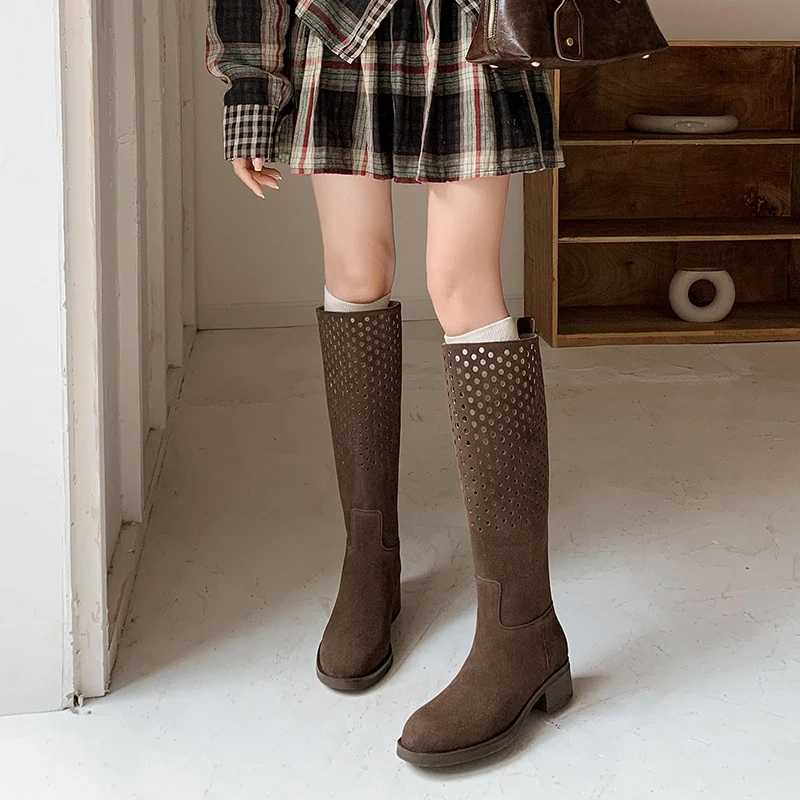 2025 New Women's Genuine Leather Cut Out Slim Fit 4.5CM Block Heel Round Toe Versatile Retro Slip-On knee High Boots 50722