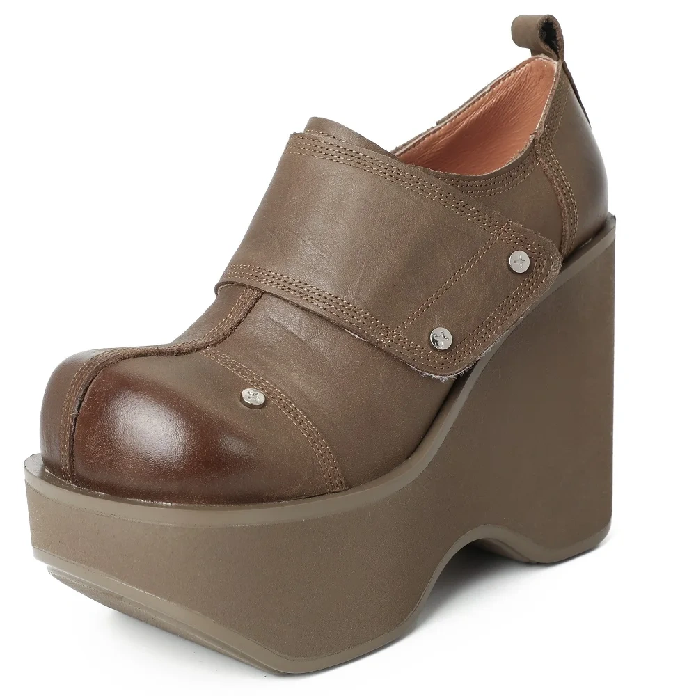 Spring Autumn New British Style Slim 12CM Super High Heels Platform Rivet Sewing Genuine Leather Women Modern Loafers Shoes 2409