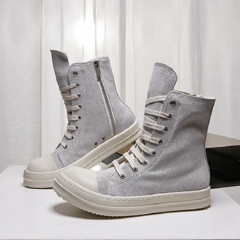 Spring Autumn New Leisure Chunky Bottom Platform Sewing Canvas Men Mid-Calf High Toe Outdoor Boots Male Casual Sneakers 2311