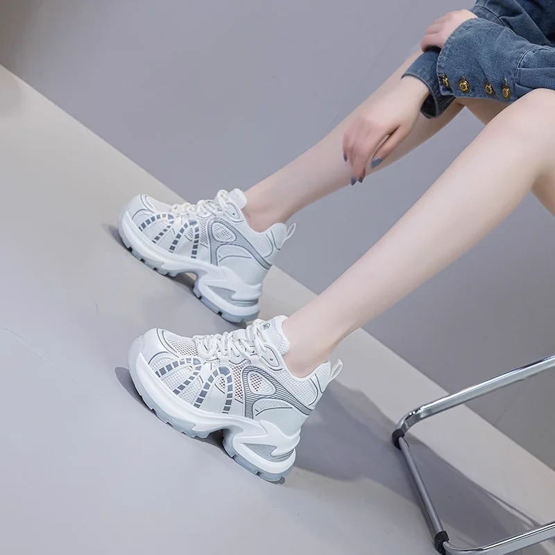 Women's Summer 12 CM Height Increase Genuine Leather & Mesh Breathable Sneakers Hollow Out Lace-Up Color Blocking Shoes 50523