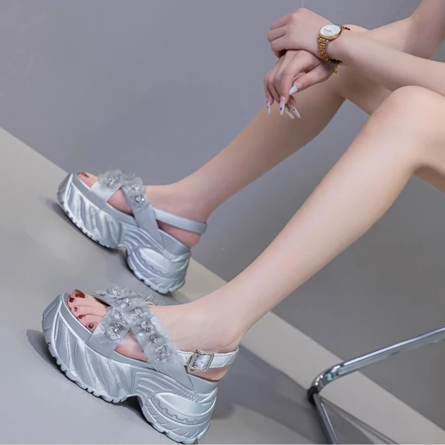 Women's Summer New Slim 8CM Thick Sole Genuine Leather Lace Crystals Buckle Strap Platform Fashion Casual Beach Sandals 50714