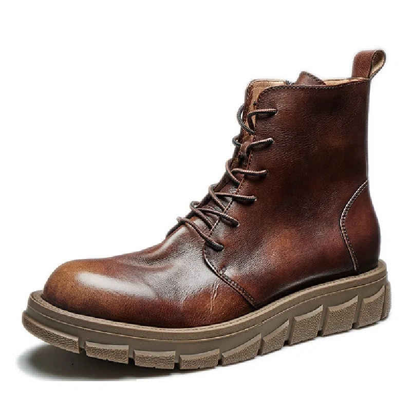 Spring Autumn New British Style Retro Chunky Bottom Cross-tied Sewing Full Grain Leather Men High Top Motorcycle Boots 2411
