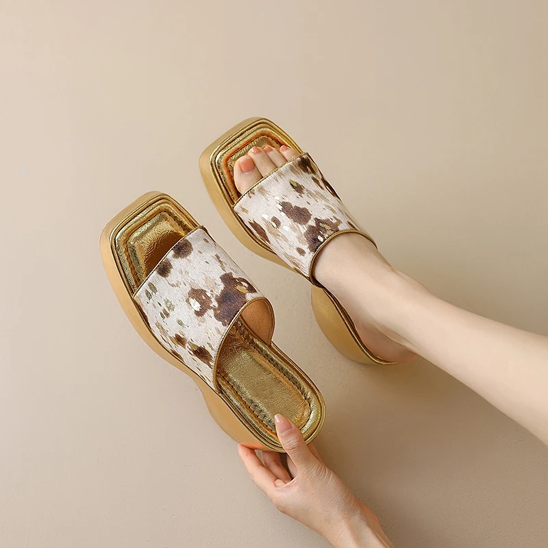 Women's Summer New Fashion 8.5 CM Chunky Heel Genuine Leather Square Toe Open-Toe Platform Horsehair Wedge Slippers 50618