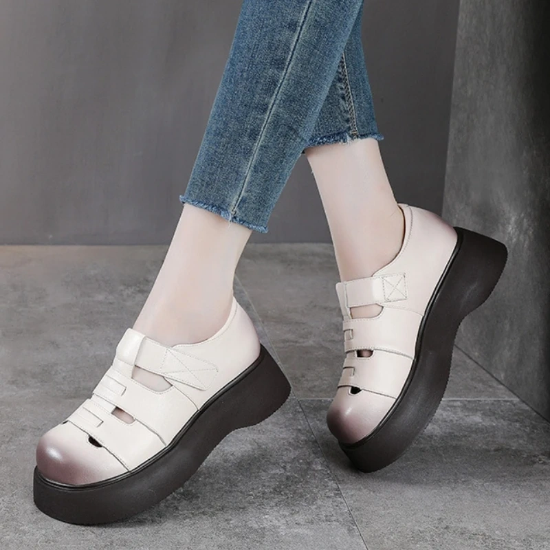 Women's Spring Summer Slim 4.5CM Thick Sole Round-Toe Genuine Leather Platform Hook&Loop Cutout Strappy Roman Sandals 50707
