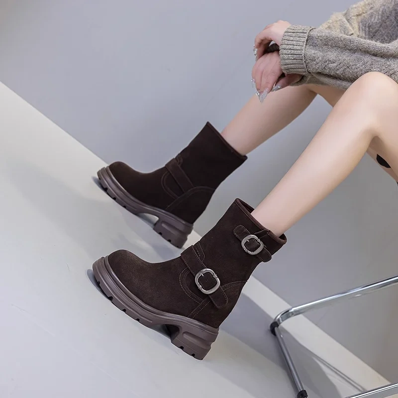 12CM Inner Height Increasing Women's Ankle Boots Suede Leather Belt Buckle Platform Casual 2025 Spring & Autumn New 51013