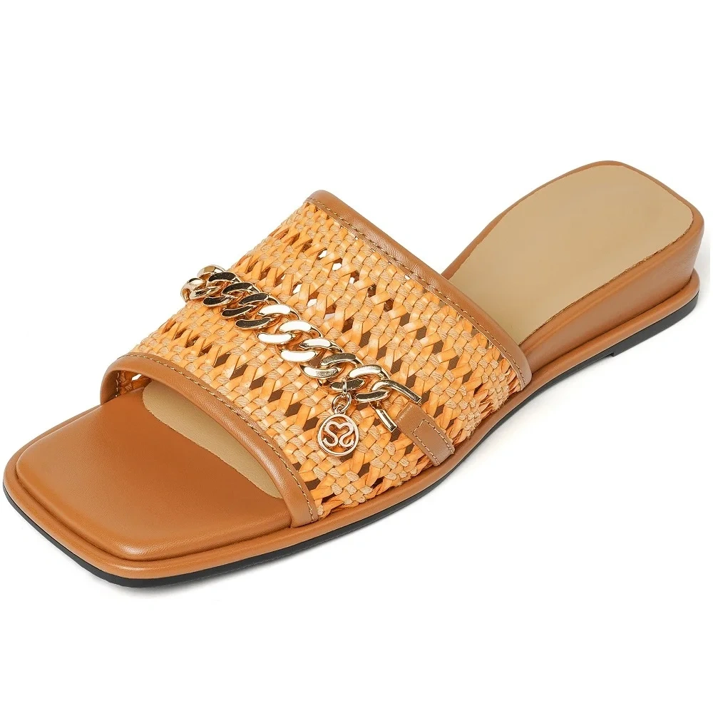 Women's Summer New Slim 3 CM Wedge Woven Cut Out Metal Chain Open Toe Square Toe Handmade French Fashion White Slippers 50618
