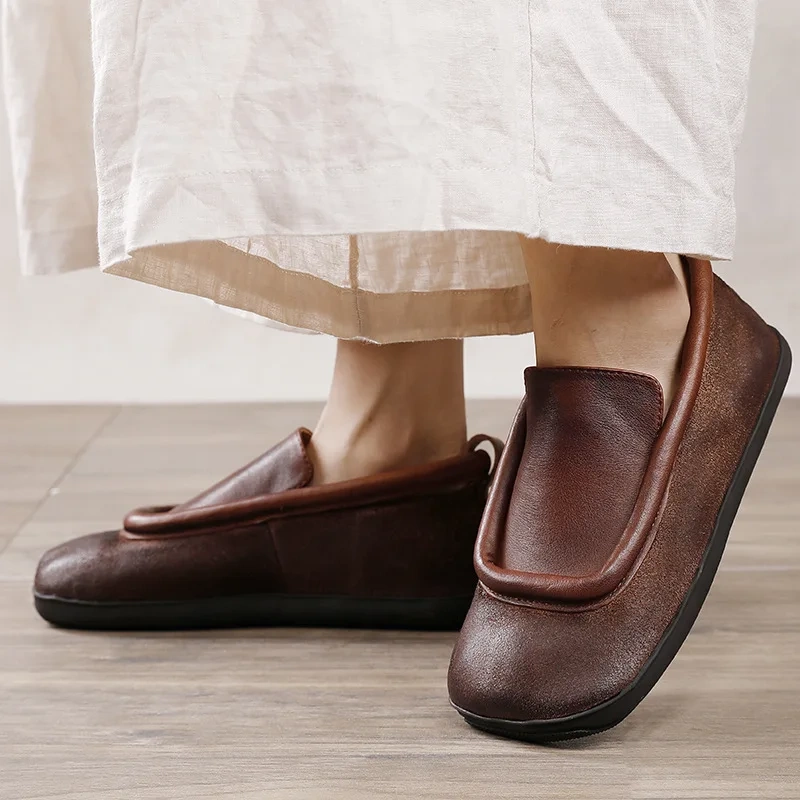 Women Casual Flats Spring Autumn New Retro Shallow Square Toe Sewing Soft Sole Genuine Leather Ladies Single Shoes 2302