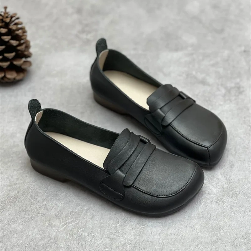 Spring Autumn New British Style Retro Flat Bottom Square Toe Shallow Slip-On Genuine Leather Women Casual Loafers Sneakers 2312