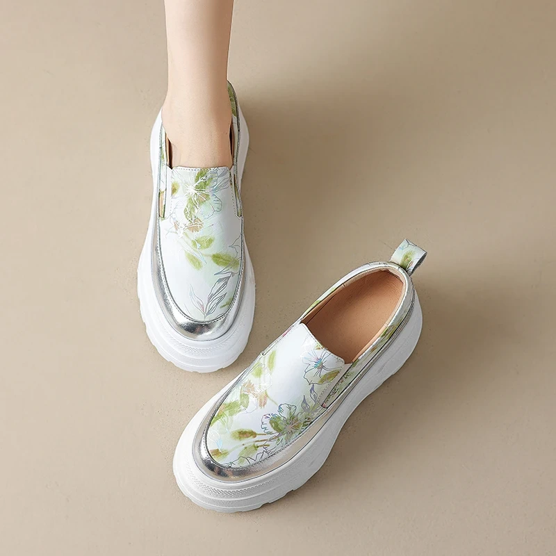 Women's Summer New Slim 8 CM Thick Sole Genuine Leather Printed Loafer Shoes Round Toe Slip On Platform Blocking Flats 50618