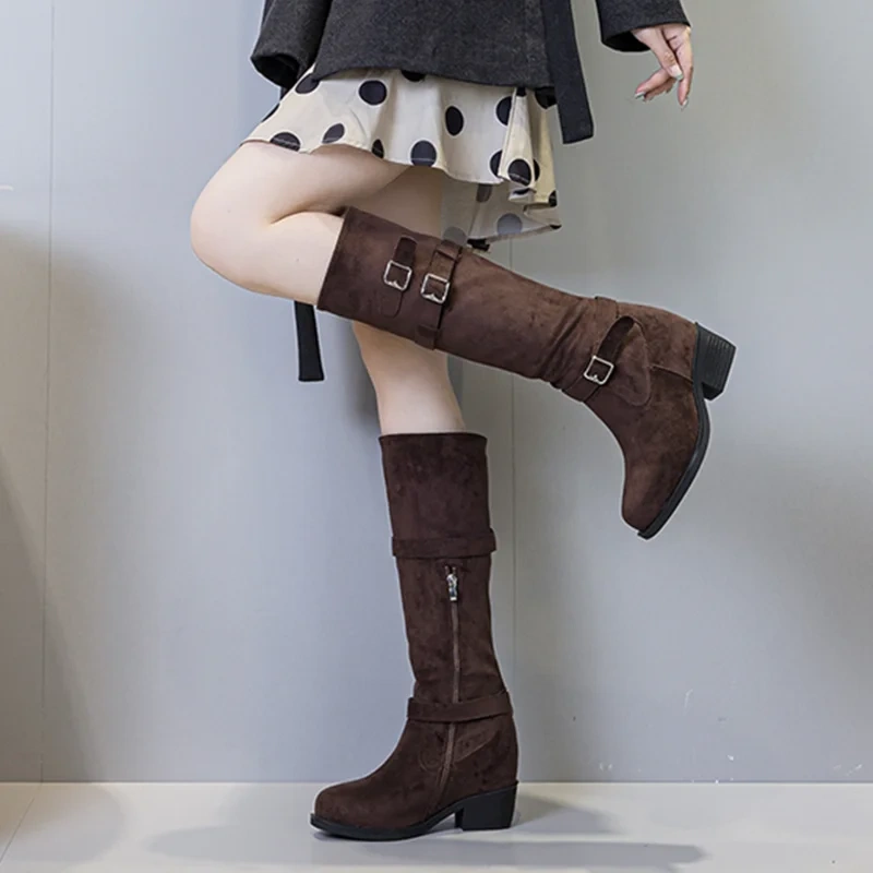 Genuine Cow Suede Leather Buckle Boots Autumn Winter New 11 CM Block Heel Retro Maillard Style Versatile Women's Long Boots51025