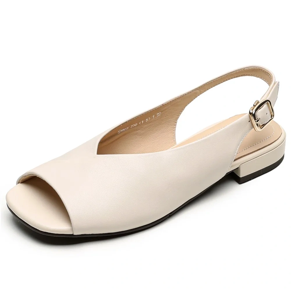 Women's New Summer Genuine Leather 2cm Square Toe Peep Toe Open Toe One - Strap Shallow Mouth Concise Retro Casual Sandals 50727