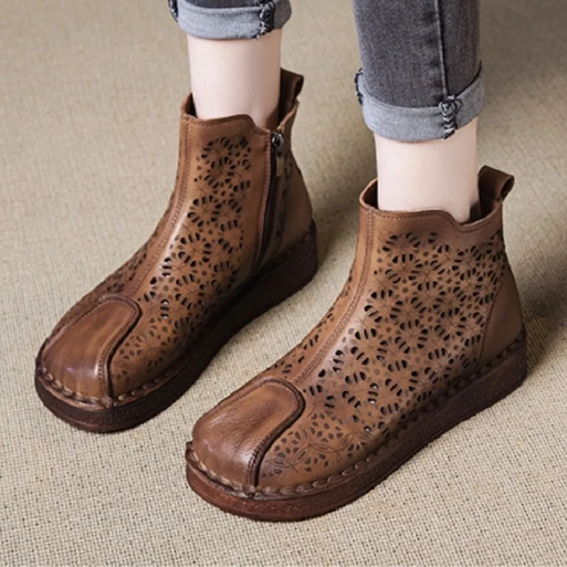 Women's Spring Summer Slim Fit 3 CM Thick Sole Genuine Leather Embossed Floral Cut Out Retro Zip Stitch Ankle Boots 50602