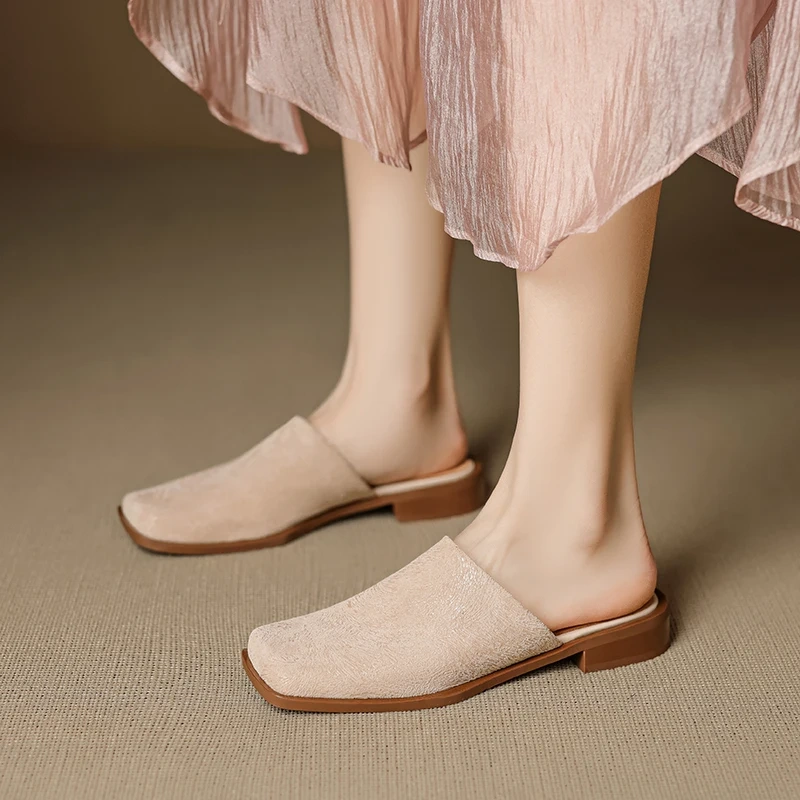 Women's Spring Summer New Fashion 2.5 CM Block Heel Genuine Leather Solid Color Closed Toe Open Back Yellow Simple Slides 50616