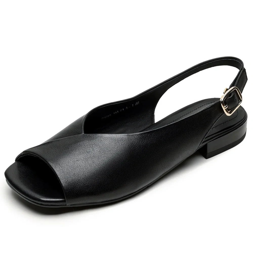 Women's New Summer Genuine Leather 2cm Square Toe Peep Toe Open Toe One - Strap Shallow Mouth Concise Retro Casual Sandals 50727
