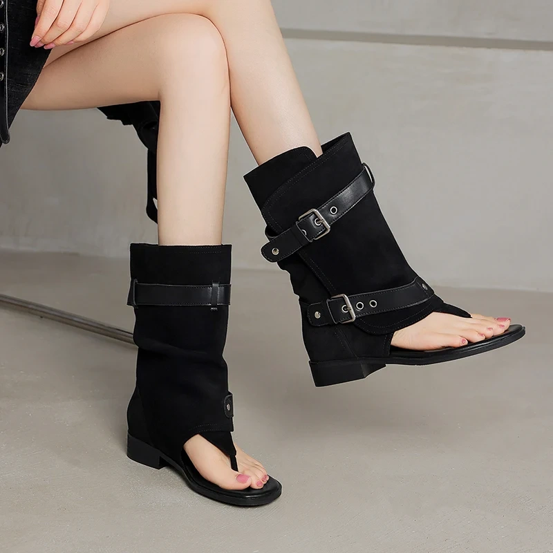 Women's Summer New Genuine Leather Solid Color Toe Strap Buckle Slip-On Round Toe 3CM Block Heel Slim Leisure Ankle Boots 50728
