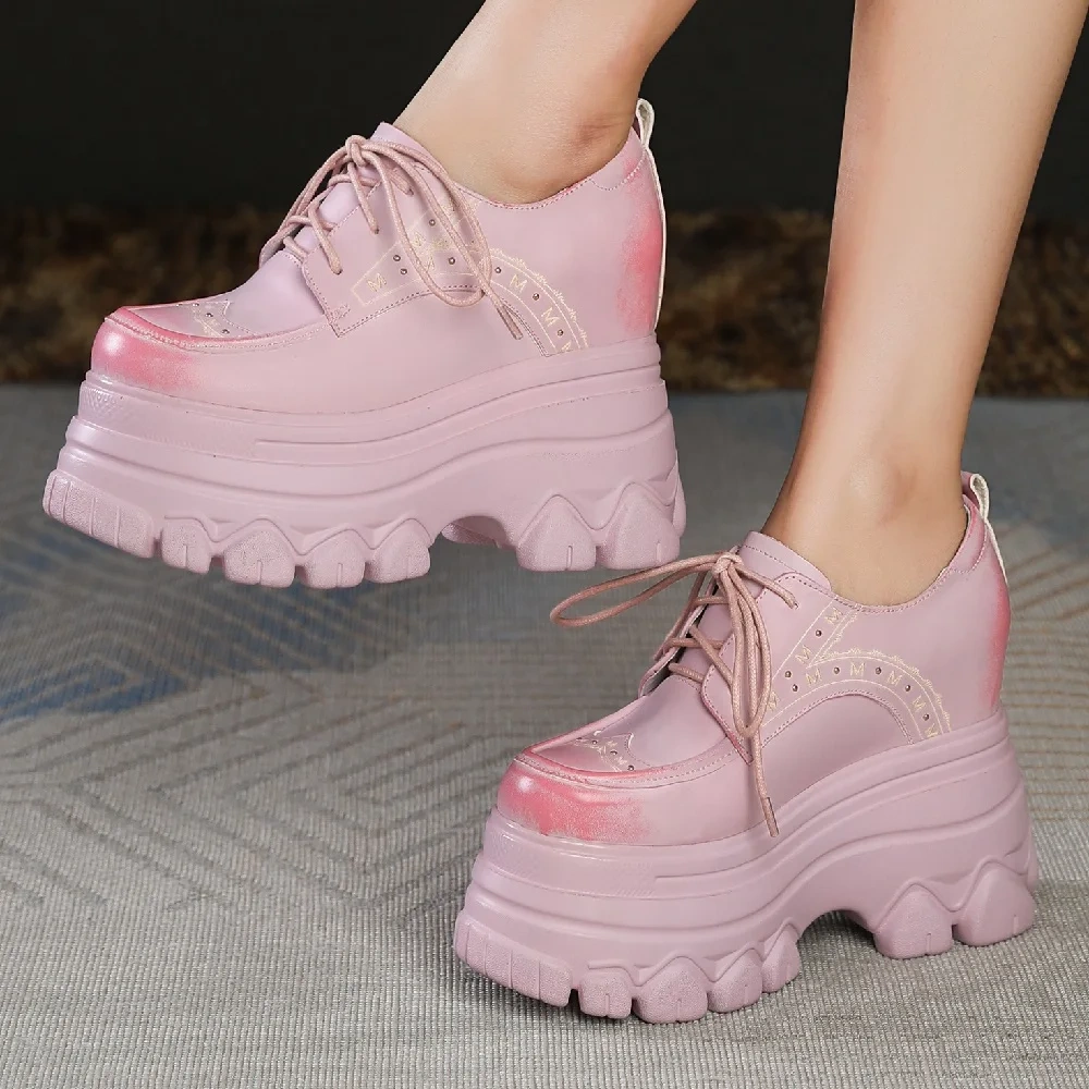 Spring Autumn New British Style Retro Height Increasing Platform Wedges Rivet Lace-Up Genuine Leather Women Modern Pumps 2401