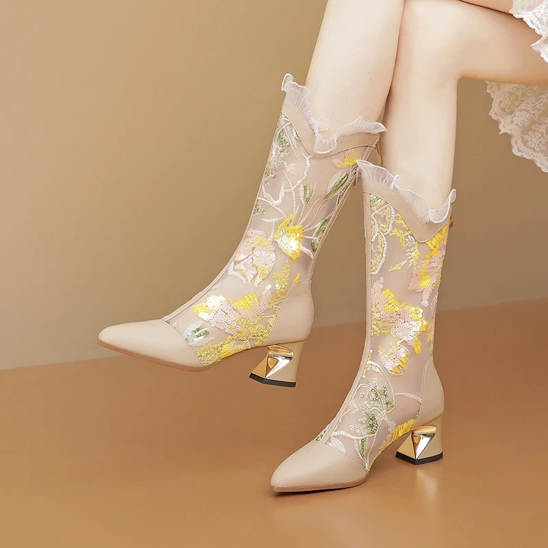 Women's Spring Summer 5.5CM Chunky Heel Genuine Leather & Mesh Embroidery Sequins Lace Crystal Zipper Plus Size Half Boots 50621