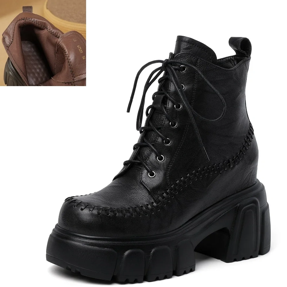 Sewing Genuine Leather 10 CM Block Heel Autumn Winter New British Style Retro Side Zipper Chunky Sole Platform Boots 51017