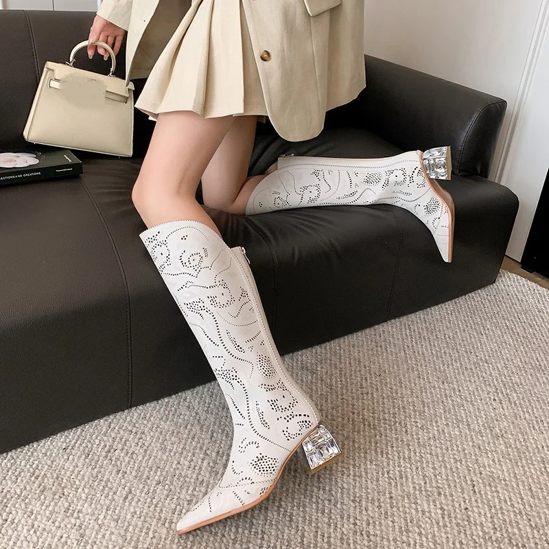 Women's Spring Summer New Pointed Toe 5.5 CM Chunky Heel Crystals Genuine Leather Cut-Out Printed Zipper Knee High Boots 50614