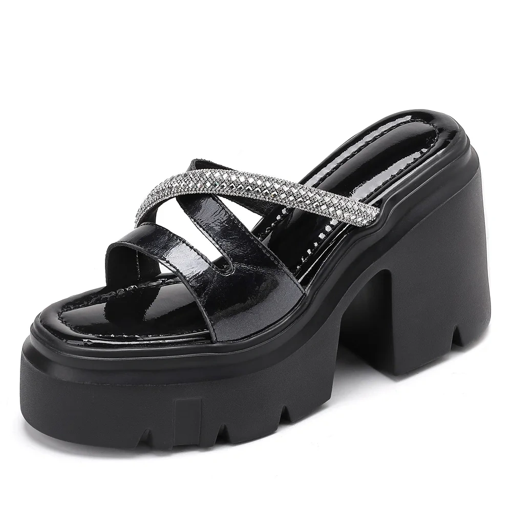 Women Summer New Patent Leather Rhinestone Sandals 12 CM Platform Chunky Heel Fashion Slippers 50507