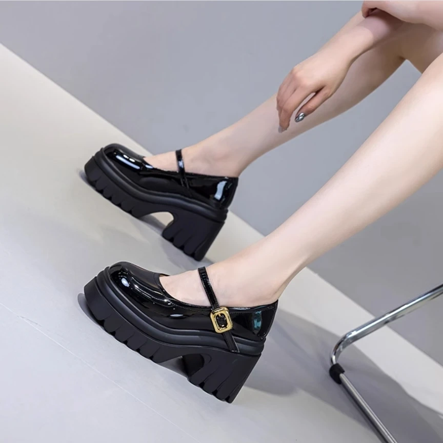 Women's Spring Summer Chunky Heel 10CM Pointed Toe Genuine Leather Buckle Strap Round Toe Breathable British Style Pumps 50714