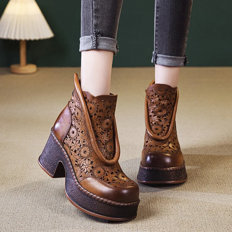 Women's Spring Summer Slim 7.5 CM Chunky Heel Genuine Leather Platform Floral Cut Out Embroidery Retro Chinese Ankle Boots 50603